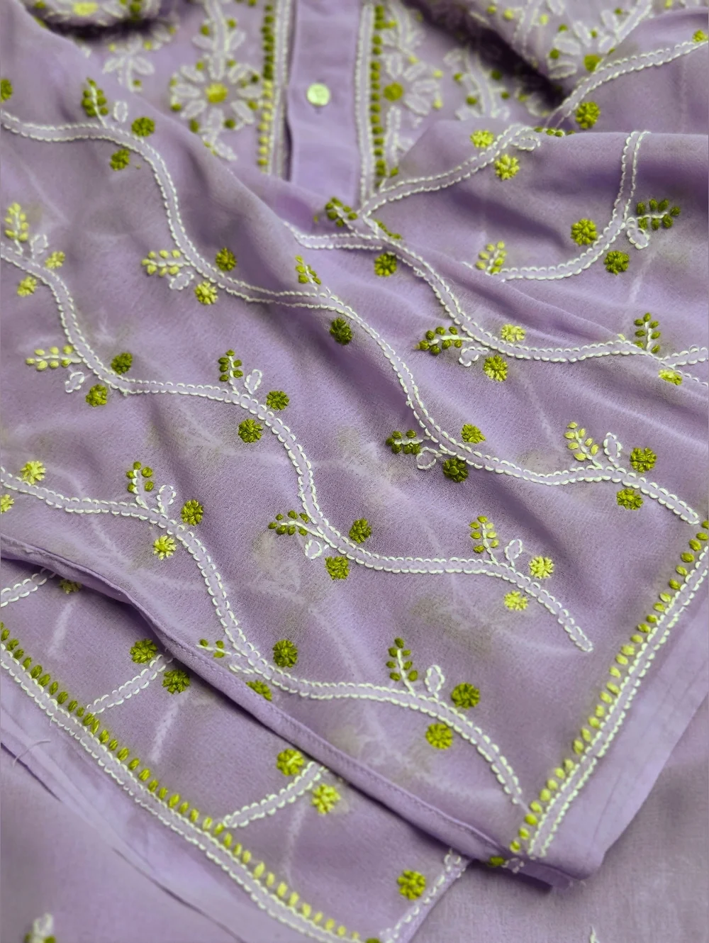 Lucknowi Chikan Hand Embroidered Lilac Sheer Tunic Kurta - Boho Luxe Size 2XL